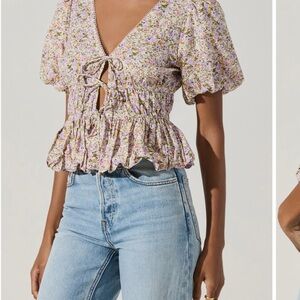 ASTR the Label Cotton Tie Front Puff Sleeve Top